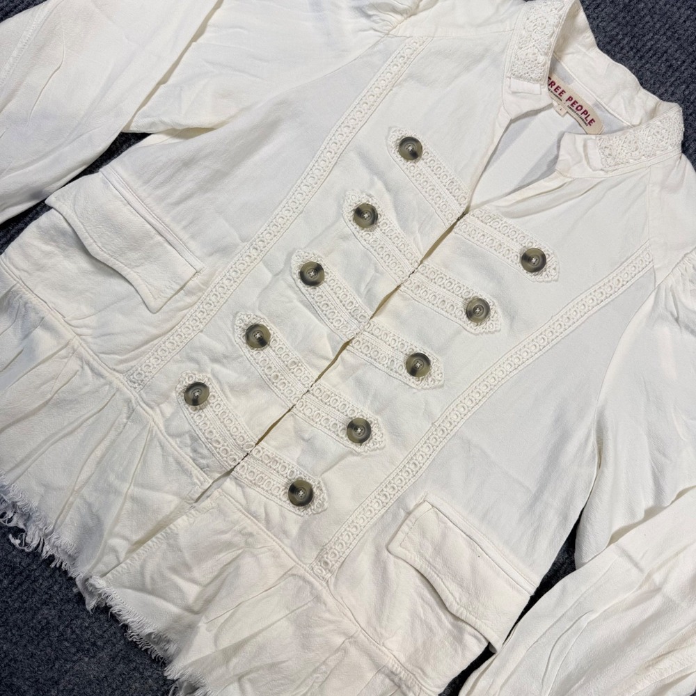 Free People Ariana Ivory Military Linen Blend Jacket Ruffle Raw Hem White Large